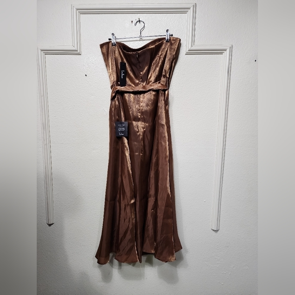 Lulus Chicly Stunning Shiny Brown Strapless Belted Midi Dress XL Wedding Party - Picture 8 of 9
